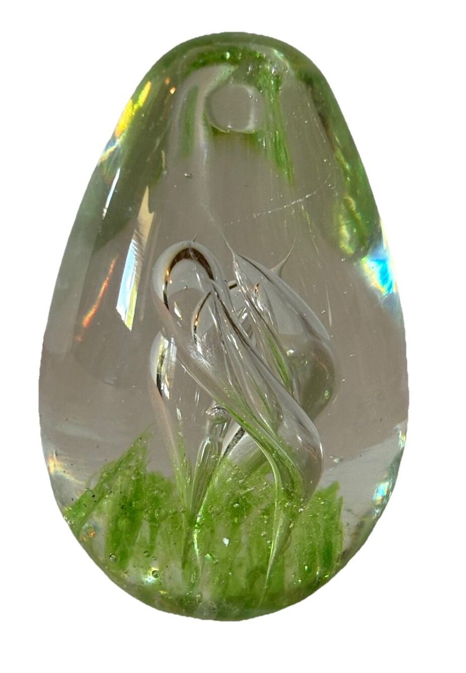 Vintage Art Glass Paperweight Egg Shaped Green Spiral Swirl Clear Bubble 3.5"H